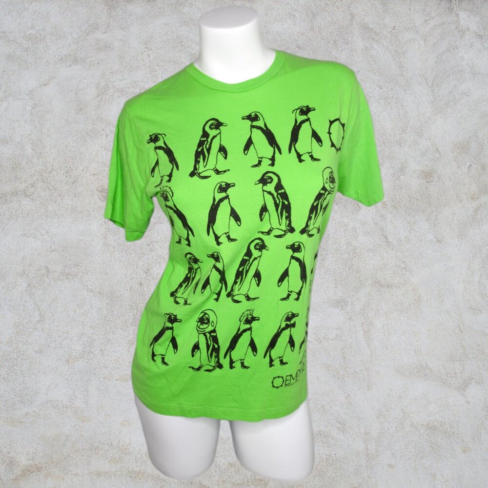 Empyre Bright Green and Black Penquin Graphic Tee Astronaut Mohawk Bowtie Etc
